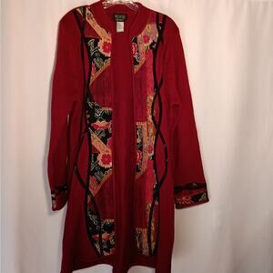 EUC KOOS Women's Large Long 55% Silk 15% Wool Applique Brick Red Sweater
